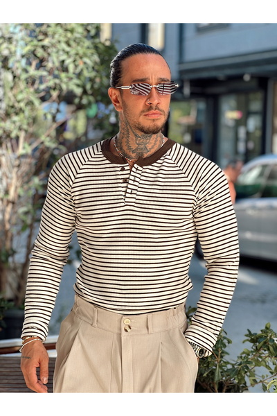 manch collection Φούτερ με ριγέ γιακά με κουμπιά εκρού-καφέ