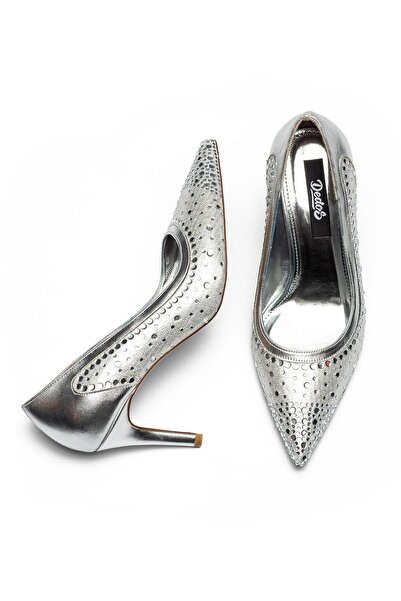 Dedos Silver Color Special Design Stone Embellished Heeled Women's Evening Dress Shoes 3025