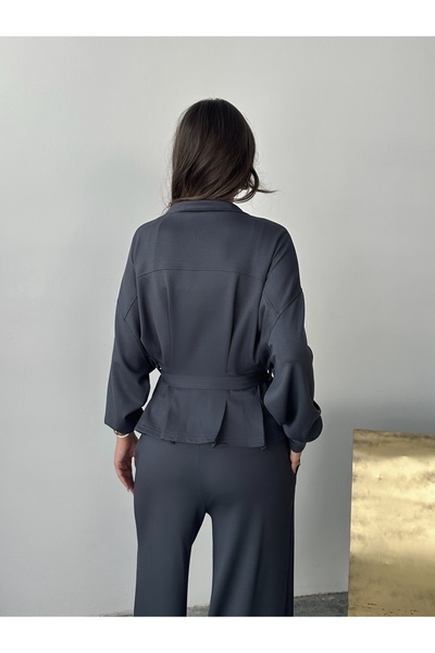 VERNO BUTİK ANTHRACITE MODAL PLEATED BELTED JACKET SET