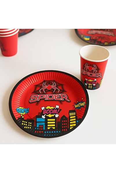 Partifabrik Spider Themed Cardboard Plate and Cup Set 8 Plates 8 Cups