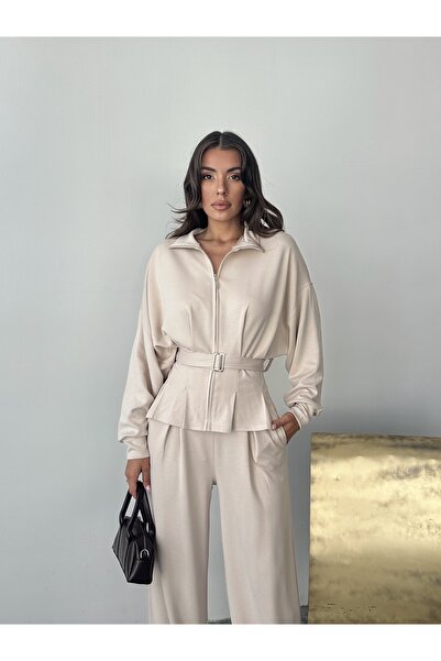 VERNO BUTİK SET JACHETĂ BEJ MODAL PLISATĂ CU BĂRĂ