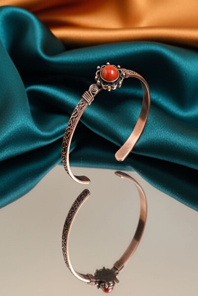 NehirTaş سوار نحاسي مع حجر العقيق الأحمر الطبيعي المعتمد