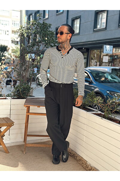 manch collection Φούτερ με ριγέ λαιμόκοψη με κουμπιά εκρού-μαύρο