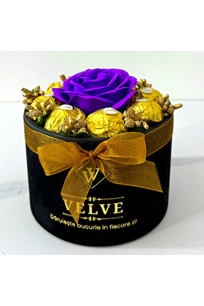 velve Aranjament floral Chocolate Rose,trandafir de sapun, stamine aurii si 8...