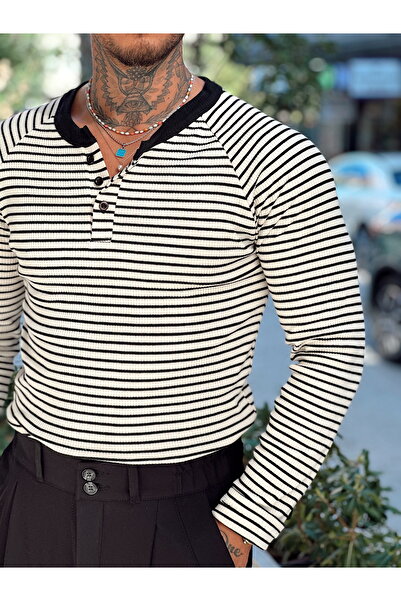 manch collection Φούτερ με ριγέ λαιμόκοψη με κουμπιά εκρού-μαύρο