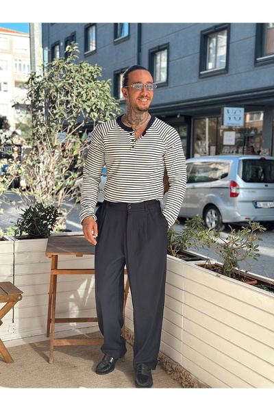 manch collection Φούτερ με ριγέ γιακά με κουμπιά εκρού-μπλε ναυτικό