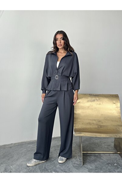 VERNO BUTİK SET JACHETĂ PLIATĂ MODAL ANTRACIT CU BĂRĂ