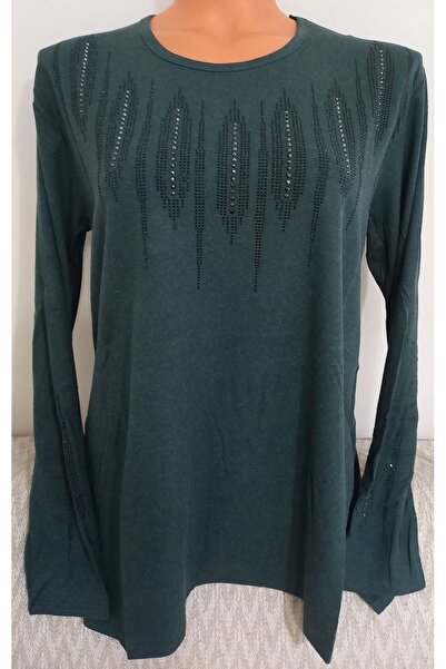 Anne Er Clothing Winter Cotton Combed Cotton Blouse Long Sleeve Crew Neck Stone Green