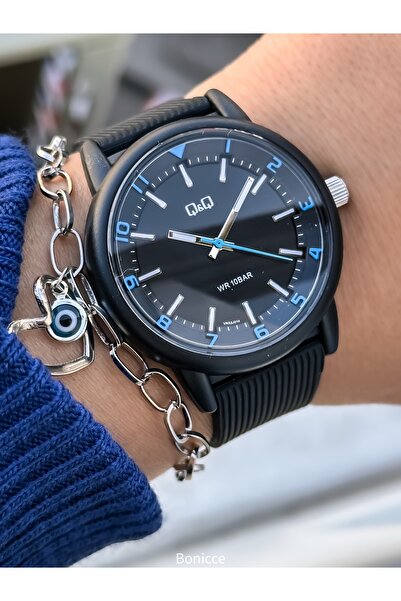 Q&Q Blue-Black Silicone Cord with Numbers, Suitable for Pool Sea Use 10 Atm Women's Wristwatch Bracelet