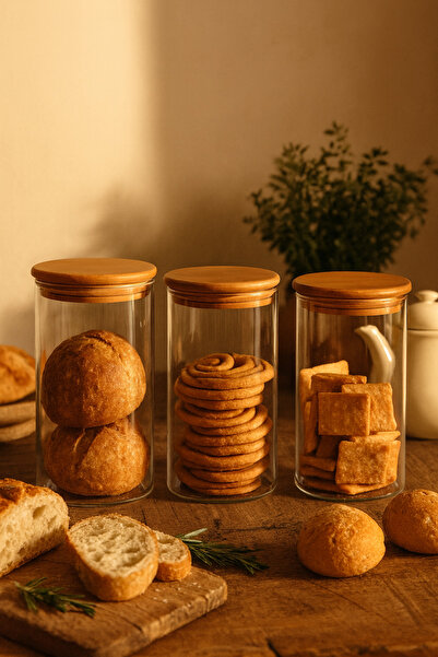 ZURİ DESİGN Airtight Set of 3 Flat Glass Breakfast Vacuum Lid Jars - 850 ml