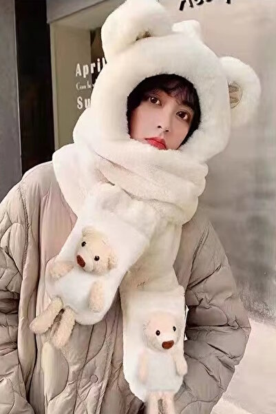CAŞ DEKORASYON White Color Teddy Bear Plush Beanie Scarf Gloves