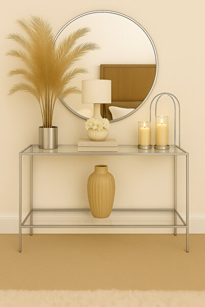 Home Elegance Metalik Gri Dresuar Kahve Köşesi Modern Konsol 100 cm Şeffaf Cam