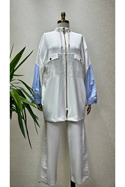 Ghisa Ekru Renk İnce Çizgili Payetli Takım