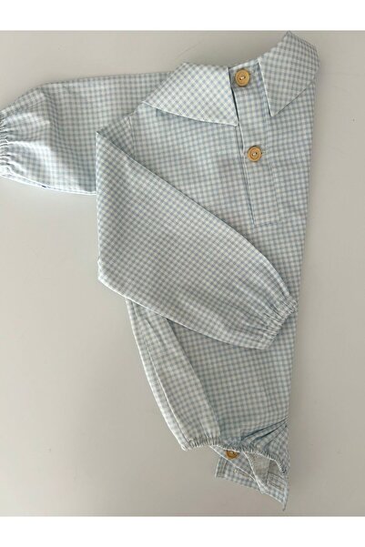 il mio bambino Handmade 100% Cotton Boys Cute Teddy Bear Embroidered Blue Plaid Shirt - Long Sleeve