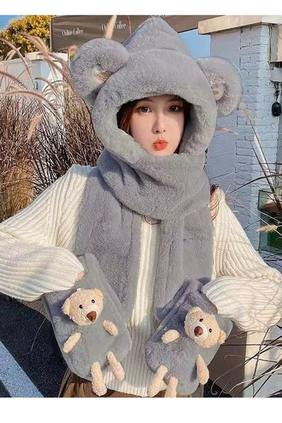 CAŞ DEKORASYON Gray Color Teddy Bear Plush Beanie Scarf Gloves