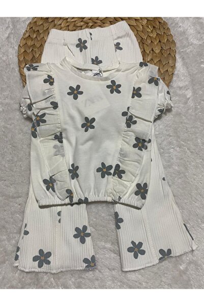 CANSU BUTİK Girl's Daisy Patterned Long Set with Elastic Sleeves and Ribbed Bottoms (5-F)
