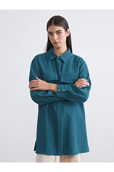 LC Waikiki LCW Modest Petrol Oversize Kadife Kadın Gömlek Tunik