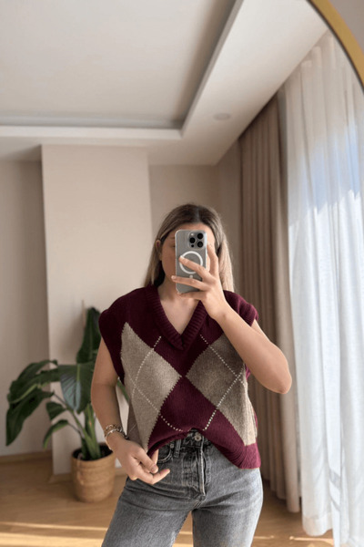 SEHOCO BUTİK Bordo Baklava Desen Süveter