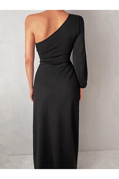 buğrahayalin One Shoulder Open Deep Slit Crepe Full Length Dress