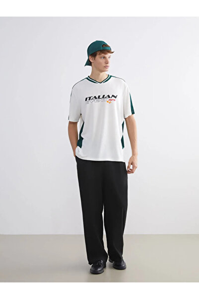 LC Waikiki Ανδρικό μπλουζάκι XSIDEEkru V-Neck με τύπωμα