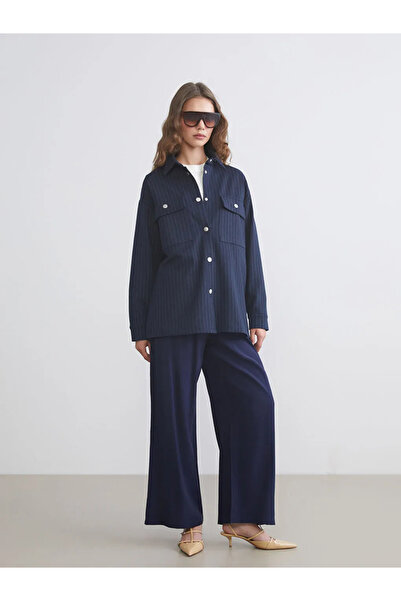 LC Waikiki Γυναικείο πουκάμισο τουνίκ LCW Modest Navy Blue ριγέ oversized