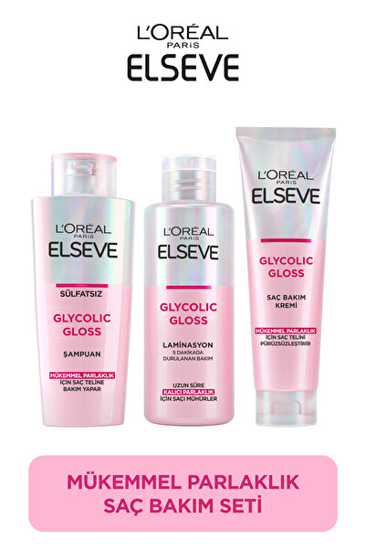 ELSEVE Glycolic Gloss Perfect Shine 3-Piece Hair Care Set: Shampoo, Conditioner, Lamination Treatment