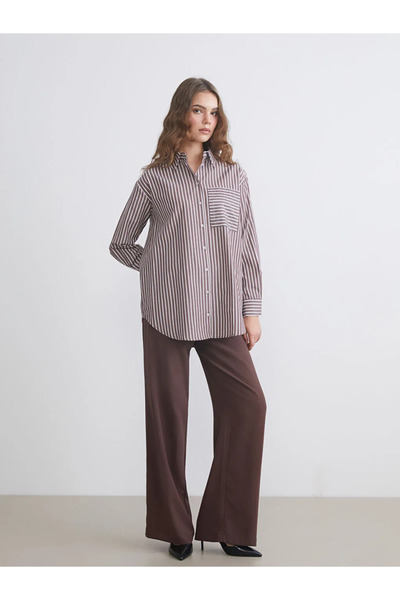 LC Waikiki LCW Modest Kahverengi Çizgili Poplin Kadın Gömlek Tunik