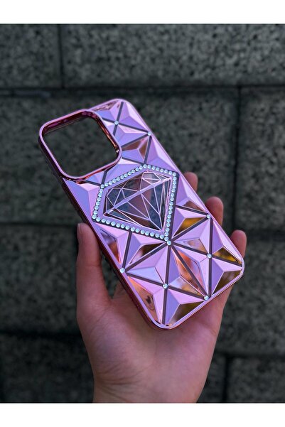 Iphone 15 3D Kristal Seri Silikon Kılıf Pembe Renk