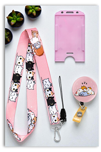 Mia Aurora Uykucu Pembe Kedi 3lu Set Boyun Askı İpi Uykucu Pembe Kedi Yoyo Di...