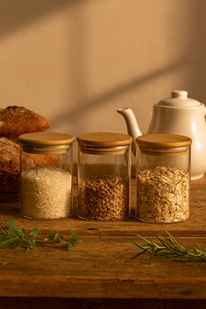 ZURİ DESİGN Airtight 3-Piece Flat Glass Breakfast Vacuum Lid Jar Set - 610 ml