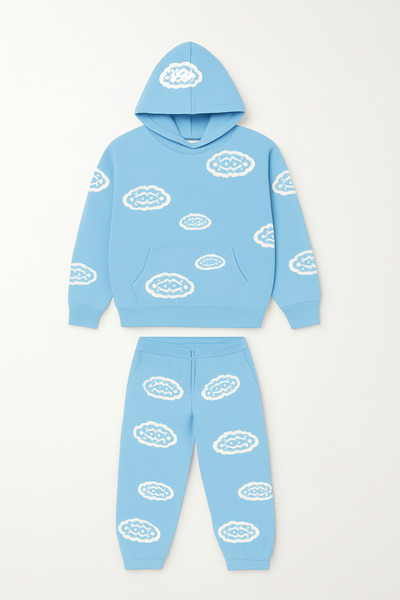 CLASSY.MODA Set de trening unisex cu glugă cu 3 fire, pantaloni de jogging cu buzunar cangur, imprimați cu model nor