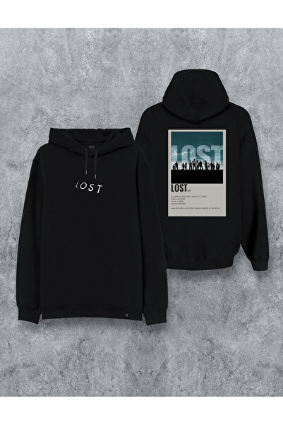 MODA سويت شيرت بقلنسوة أسود مطبوع عليه Lost Dizi