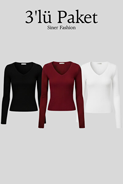 Siner Fashion Bluză de bază cu decolteu în V pentru femei, din 3 piese
