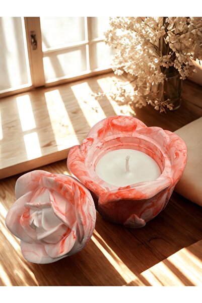 Rose & Patchouli Kokulu Mum, Dekoratif Kırmızı Geçişli Çiçek Beton Mum (65gr)