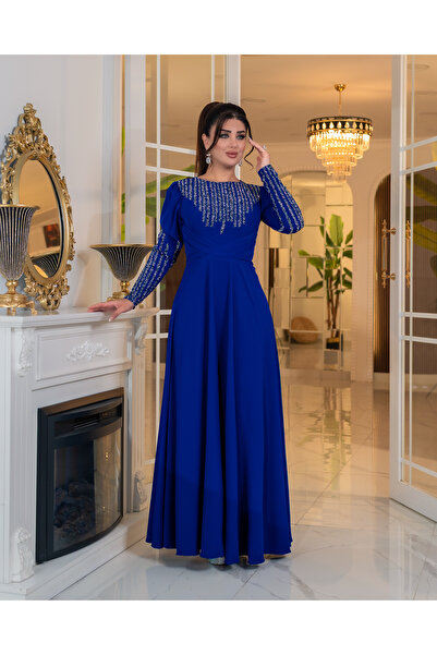 DADO BELLA Saks Mavisi Dubai Krep Kumaş A Kesim Kloş Etek Taş Detaylı Tesettü...