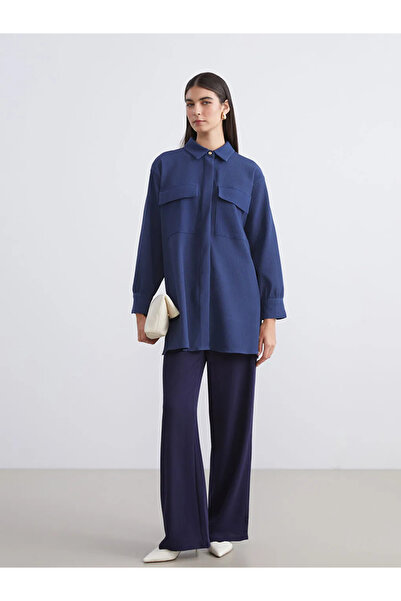 LC Waikiki LCW Modest Lacivert Oversize Kadife Kadın Gömlek Tunik