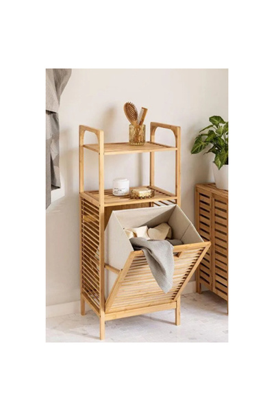 TTT Wooden Bamboo Pull-Open Dirty Laundry Basket with 2 Organizer Shelves