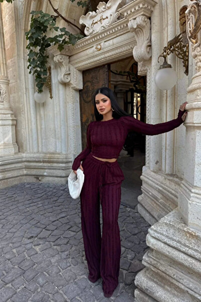 Siner Fashion Kadın Mürdüm Parmak Geçmeli Bluz Bol Paça Pantolon Ters Dikiş Detaylı Takım