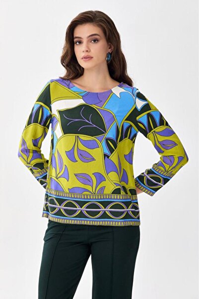 İKİLER Yuvarlak Yaka Desenli Bluz 256-3009