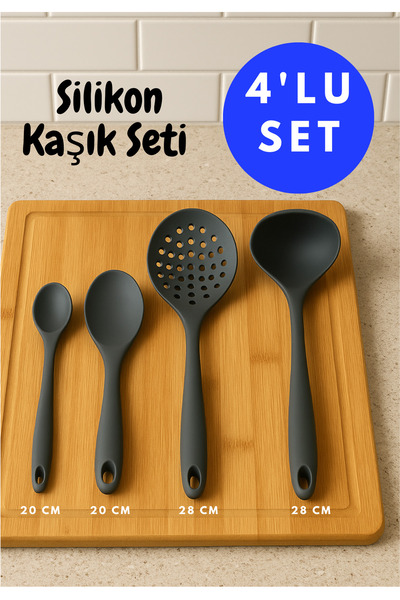 BRE HOME 4'lü Silikon Kaşık Seti Servis Kepçe, Kevgir, pilav Tatlı Kaşığı Isı...