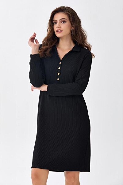 İKİLER Yakası Düğme Detaylı Elbise 256-2601