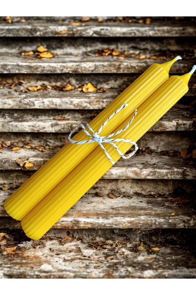 DRN Dekoratif Çizgili Pinterest Model Sarı Renk Şamdan Mum 2'li Set