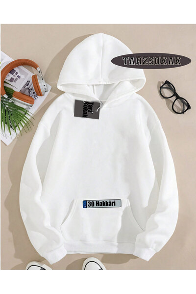 Tarzsokak سويت شيرت بقلنسوة أبيض 30 هاكاري بتصميم خاص مع تفاصيل على الشكل