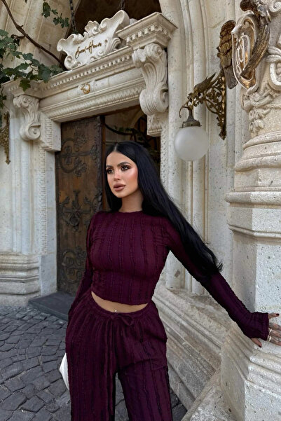 Siner Fashion Kadın Mürdüm Parmak Geçmeli Bluz Bol Paça Pantolon Ters Dikiş Detaylı Takım