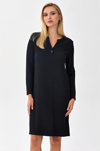 İKİLER Hakim Yaka Çıtçıt Detaylı Elbise 256-2600