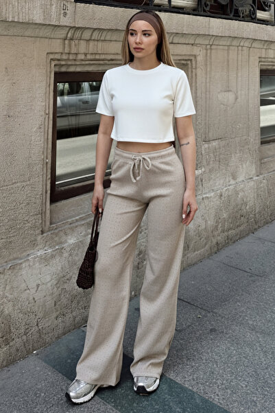 Siner Fashion Women's Stone Printed Ribbed Wide Leg Comfortable Casual Trousers