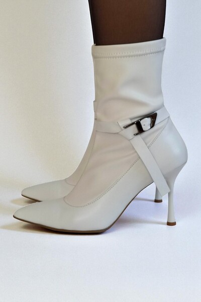 ERS Air Comfort White Genuine Leather Women's Stretch Ankle Boots 9cm Thin He...