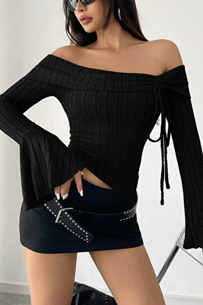 Siner Fashion Women's Black Madonna Collar Tie Detail Spanish Sleeve Ribbed Blouse