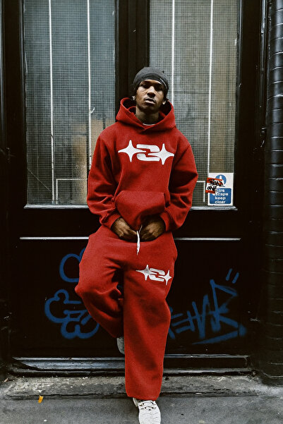 CLASSY.MODA Hanorac și pantaloni de sport unisex cu glugă cu 3 fire, supradimensionați, cu buzunar cangur, imprimeu grafic mare