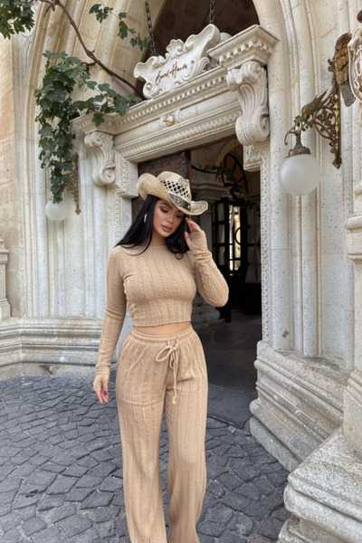 Siner Fashion Women's Beige Slip-On Blouse Wide-Leg Pants Set with Reverse Stitch Detail